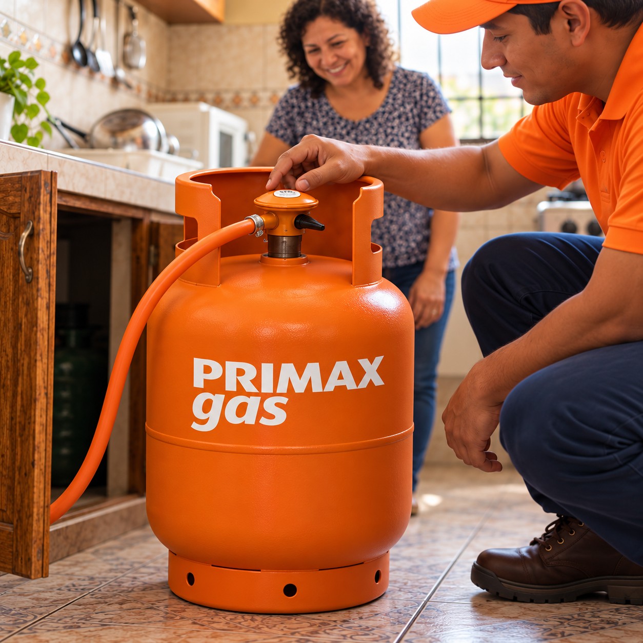 Regulador naranja con manguera y abrazadera instalado en un balón Primax
