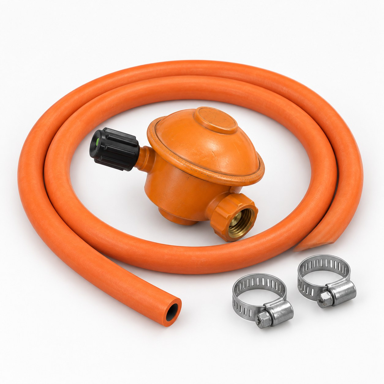 Kit de regulador de gas: regulador naranja, manguera y dos abrazaderas